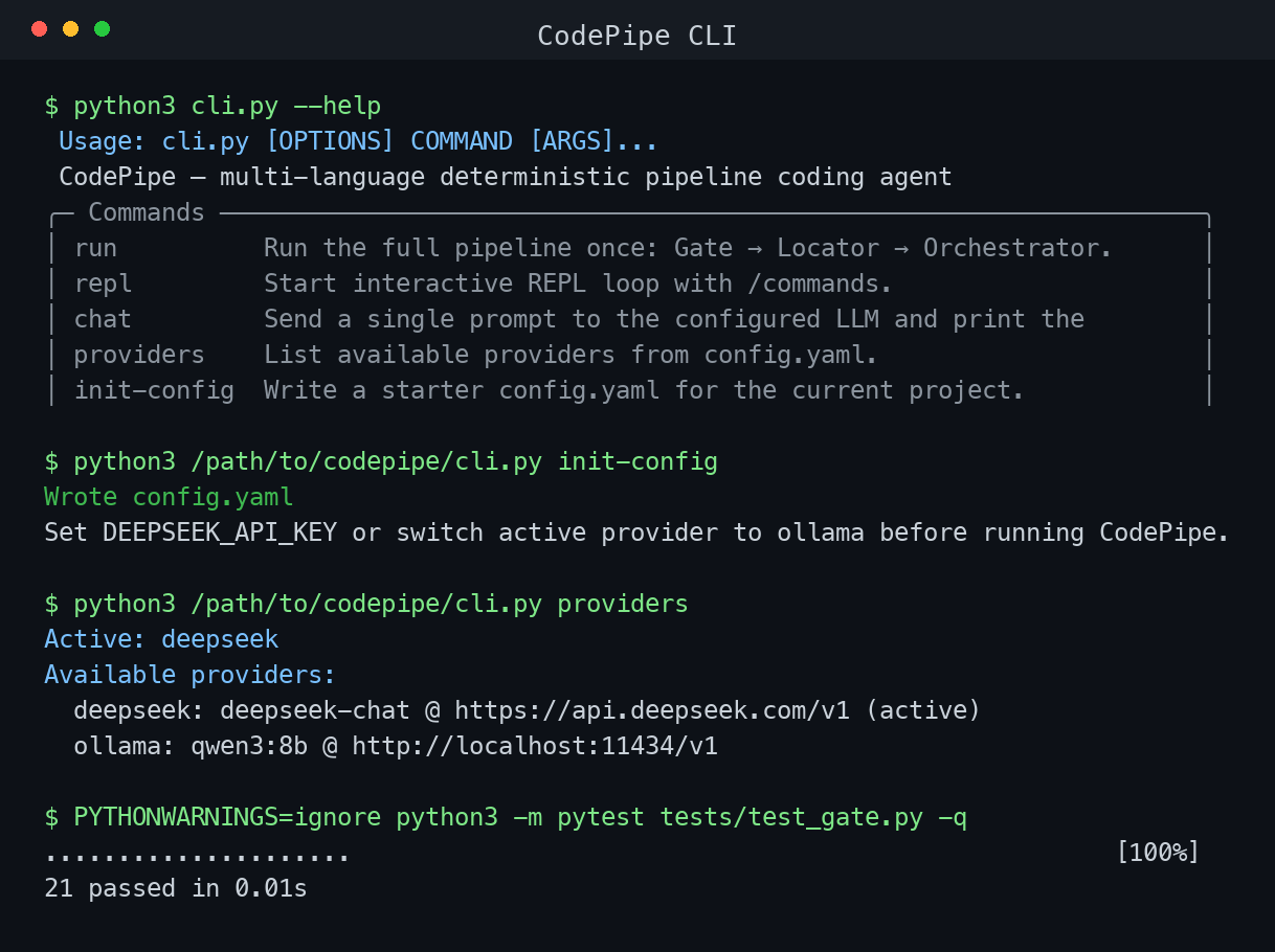 CodePipe deterministic coding agent pipeline screenshot