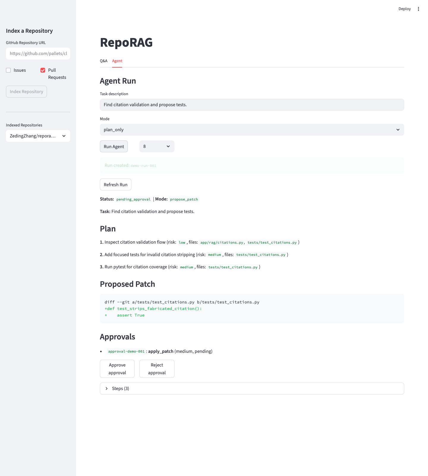 RepoRAG repository RAG and agentic maintenance workbench screenshot